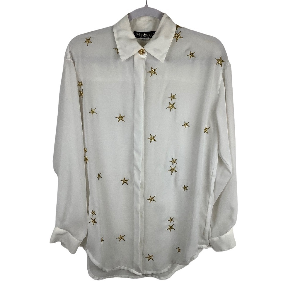 Melbourne Western Women Size Small Sheer Button Up‎ Embroidered Gold Star Blouse